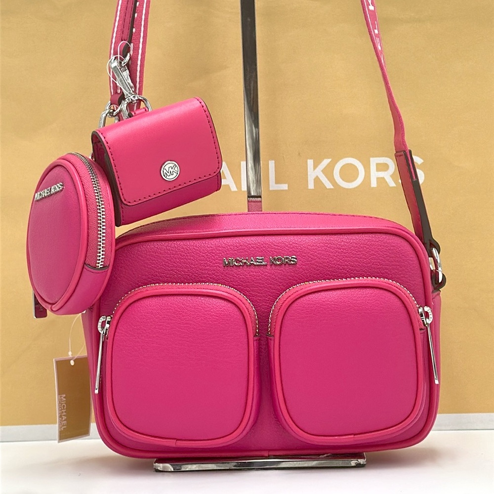 Michael Kors Jet Set Leather Medium Crossbody Bag with Case for Apple Airpods Pr